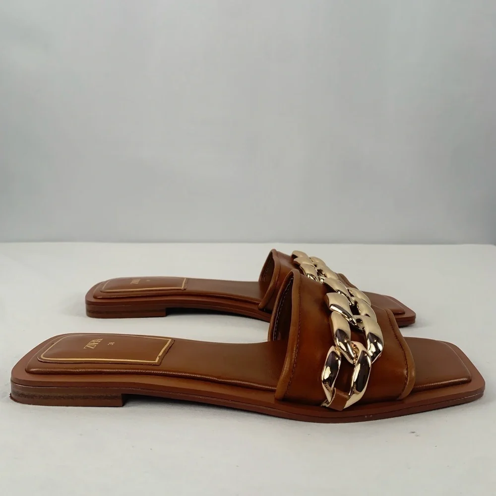 Zara Square Toe Vegan Leather Gold Chain Slides in Brown Size 7.5 or 38‎